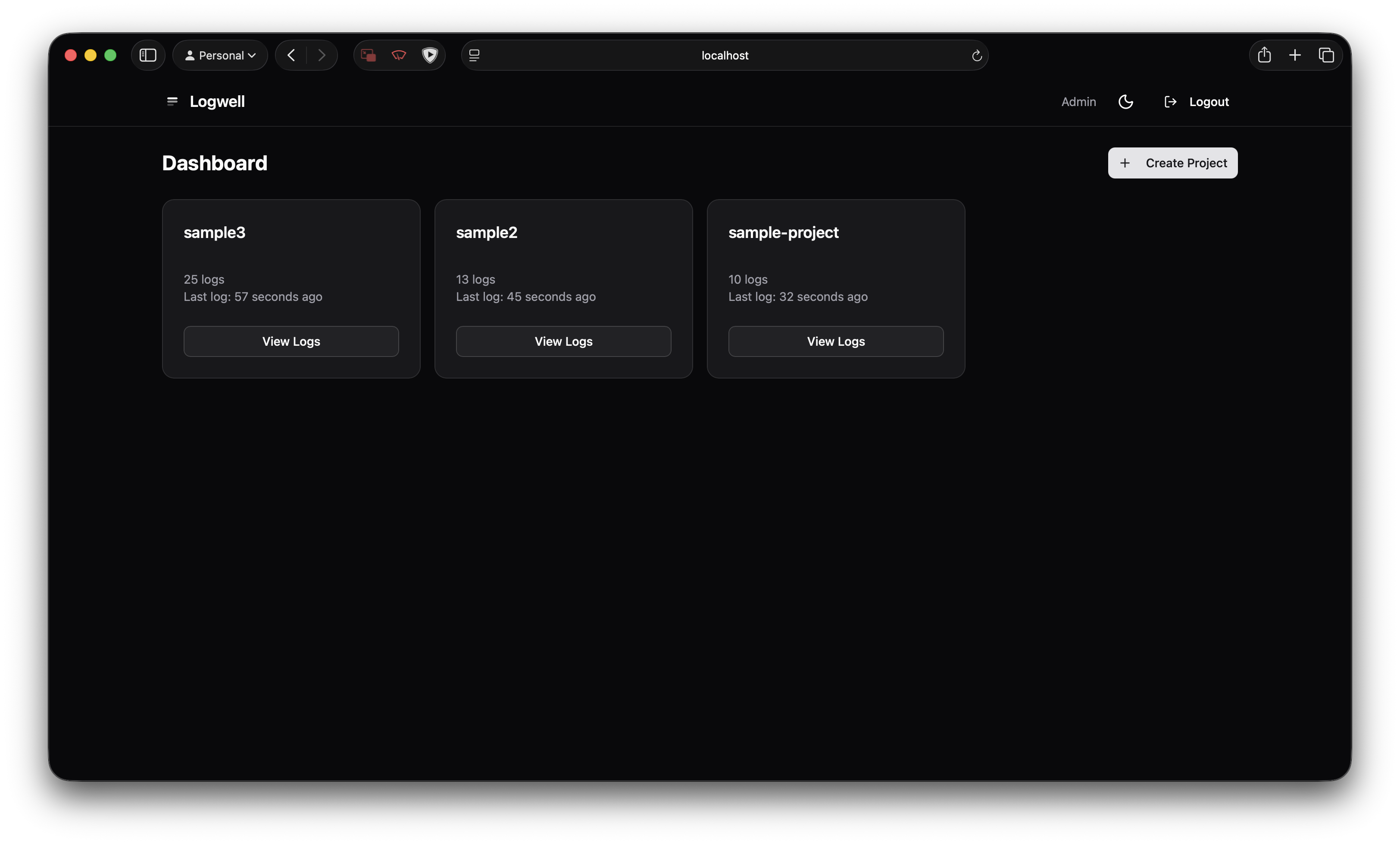 Logwell dashboard showing projects list with log counts