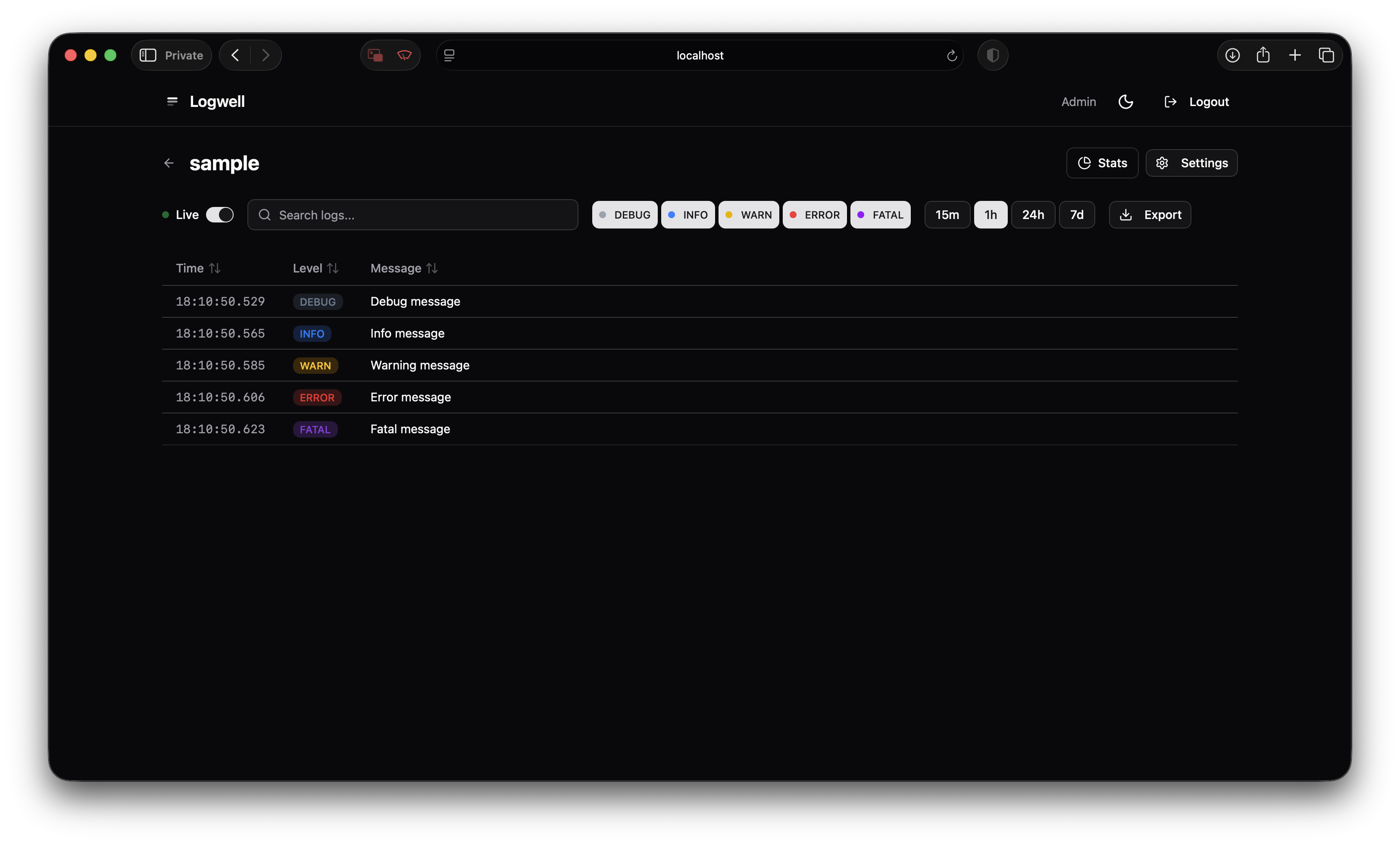 Logwell log viewer with real-time streaming and search